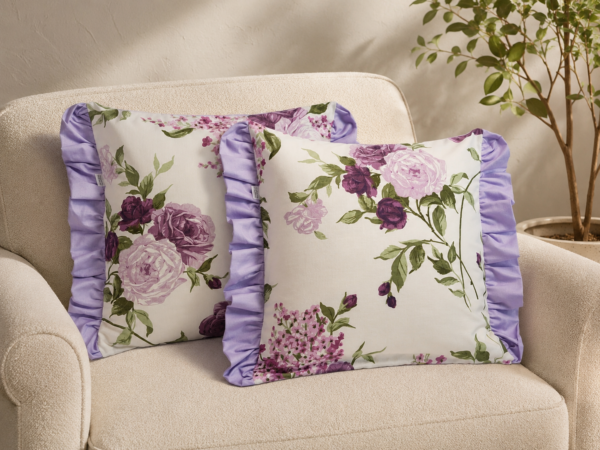 Poszewki 40x40 bawełna kwiatowe fioletowe z falbanką | HandmadebyAmia