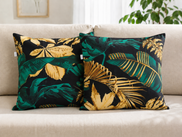 Poszewki 40x40 bawełna liście tropikalne czarne złote zielone urban jungle | HandmadebyAmia