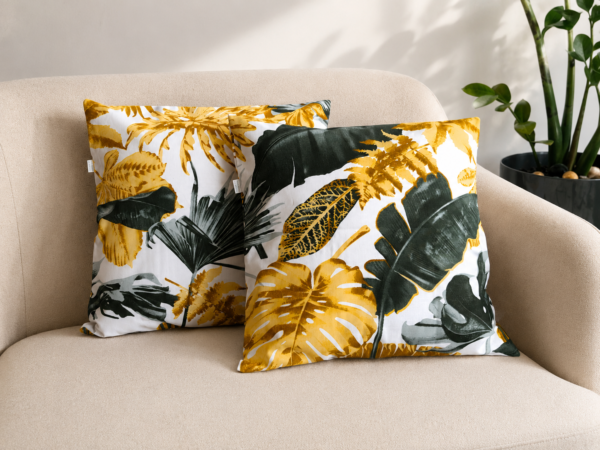 Poszewki 40x40 bawełna liście tropikalne złoto szare urban jungle | HandmadebyAmia