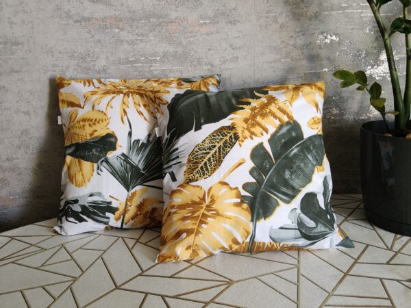 🍂🍃Komplet 2 szt poszewki 40x40 cm liście tropikalne złoto szare 100% bawełna HandmadebyAmia