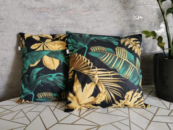 🍃🍂Komplet 2 szt poszewki 40x40 cm liście tropikalne czarne złote zielone 100% bawełna HandmadebyAmia