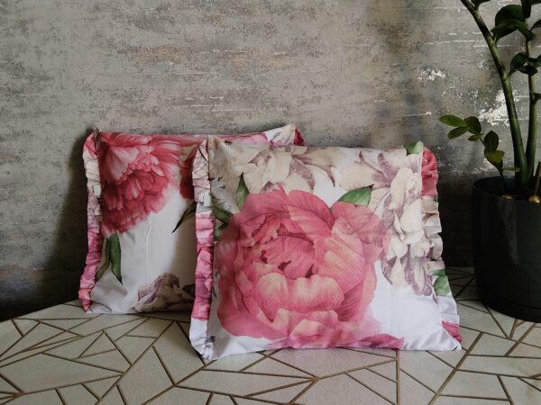 🌸Komplet 2 szt poszewki 40x40 cm falbanka kwiaty beżowo-różowe vintage 100% bawełna HandmadebyAmia