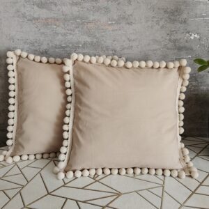 Komplet 2 szt poszewki 40x40 beżowe z pomponami 100% bawełna HandmadebyAmia