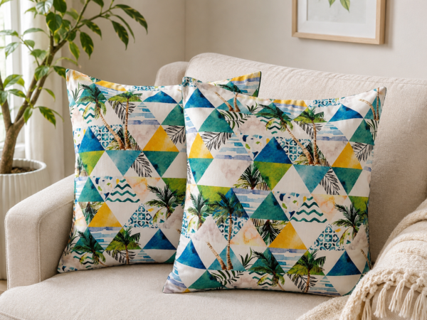 Poszewki 40x40 bawełna – zielone palmy geometryczne boho | HandmadebyAmia