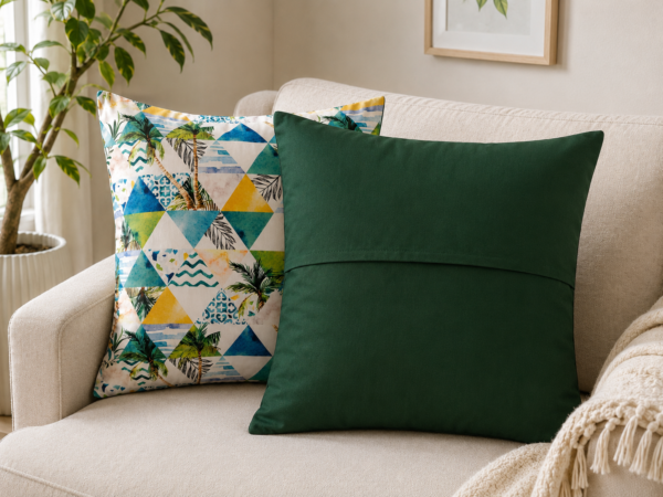 Poszewki 40x40 bawełna – zielone palmy geometryczne boho | HandmadebyAmia