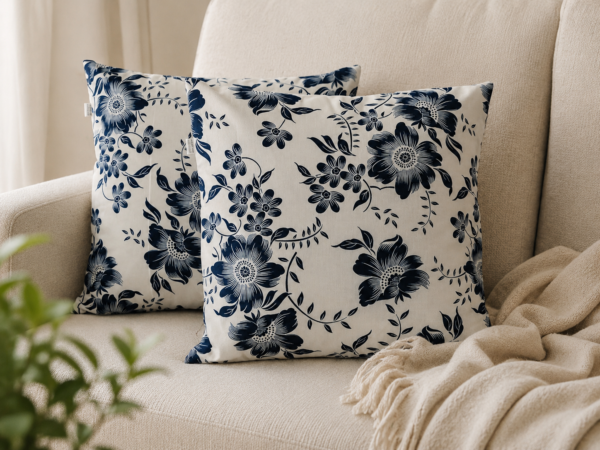 Poszewki 40x40 bawełna – granatowe kwiaty na białym tle | HandmadebyAmia