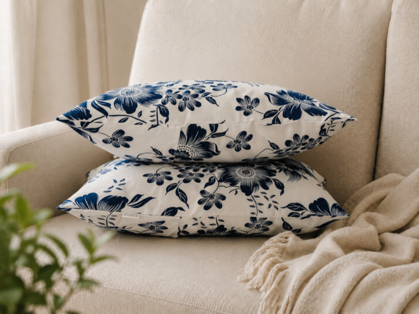 Poszewki 40x40 bawełna – granatowe kwiaty na białym tle | HandmadebyAmia