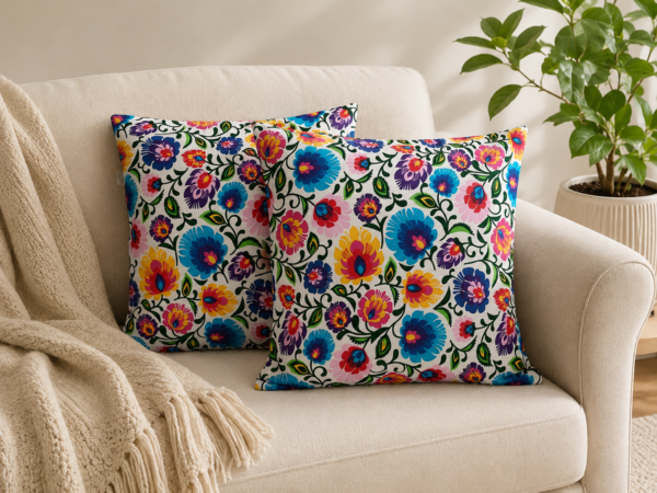 Poszewki 40x40 bawełna folk łowicz kwiaty kolorowe | HandmadebyAmia