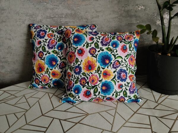 Komplet 2 szt poszewki 40x40 cm folk łowicz kwiaty kolorowe ciemny zielony tył 100% bawełna HandmadebyAmia