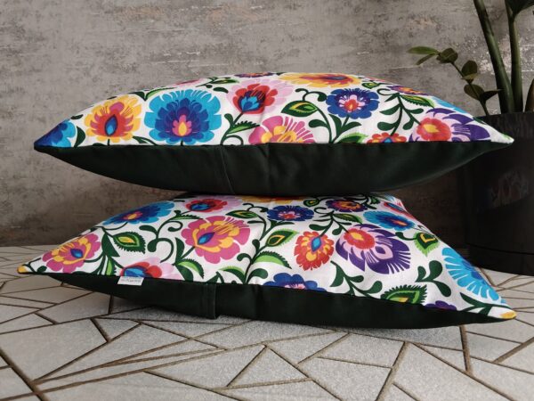 Komplet 2 szt poszewki 40x40 cm folk łowicz kwiaty kolorowe ciemny zielony tył 100% bawełna HandmadebyAmia