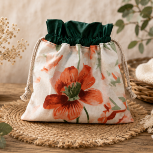 Woreczek bawełniany dwustronny 24x23 cm, zielony z pomarańczowym kwiatem – Handmade by Amia