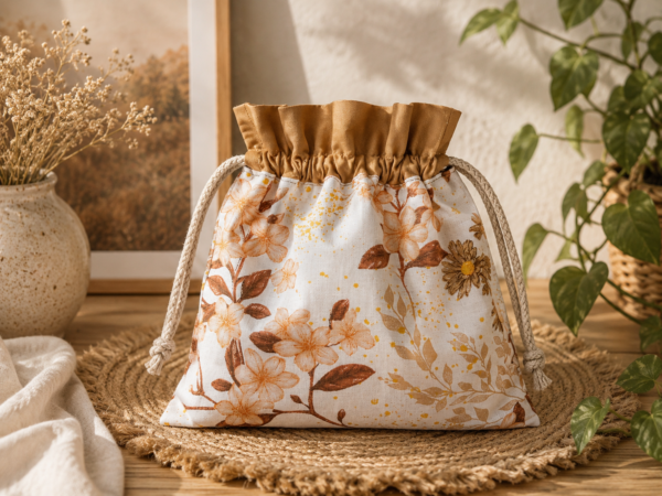 Woreczek bawełniany dwustronny 24x23 cm,  w kwiaty, wielofunkcyjny – Handmade by Amia