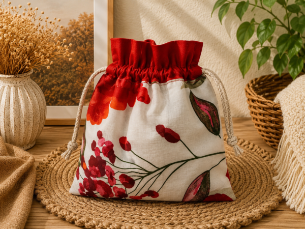 ChatGPT Image 4 lip 2026, 16_33_32 Woreczek bawełniany dwustronny 24x23 cm, czerwony z różą, wielofunkcyjny – Handmade by Amia