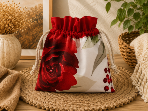 ChatGPT Image 4 lip 2026, 16_34_03 Woreczek bawełniany dwustronny 24x23 cm, czerwony z różą, wielofunkcyjny – Handmade by Amia