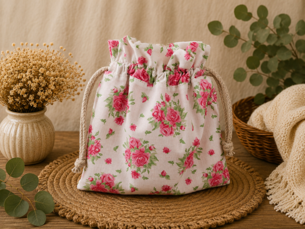 Woreczek bawełniany dwustronny 24x23 cm, różowy w różyczki, wielofunkcyjny – Handmade by Amia