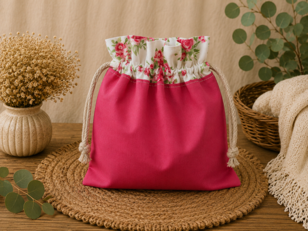 Woreczek bawełniany dwustronny 24x23 cm, różowy w różyczki, wielofunkcyjny – Handmade by Amia