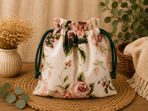 Woreczek bawełniany dwustronny 24x23 cm, zielony w kwiaty, wielofunkcyjny – Handmade by Amia