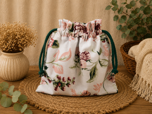 Woreczek bawełniany dwustronny 24x23 cm, zielony w kwiaty, wielofunkcyjny – Handmade by Amia