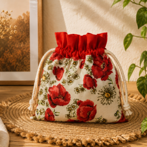Woreczek bawełniany dwustronny 18x23 cm, czerwony w maki – Handmade by Amia