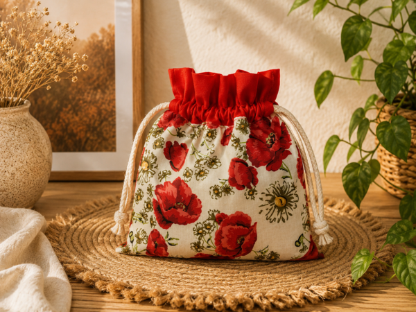 ChatGPT Image 4 lip 2026, 16_49_31 Woreczek bawełniany dwustronny 18x23 cm, czerwony w maki – Handmade by Amia