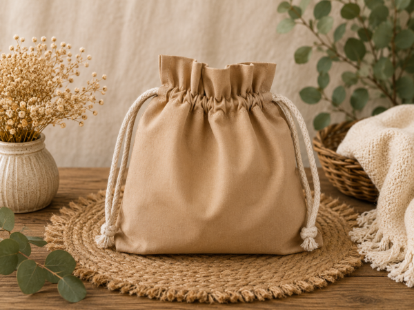 Woreczek bawełniany dwustronny 24x23 cm, beżowy z botanicznym wzorem kwiatowym – Handmade by Amia