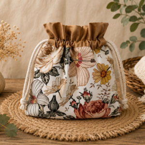 Woreczek bawełniany dwustronny 24x23 cm, beżowy z botanicznym wzorem kwiatowym – Handmade by Amia