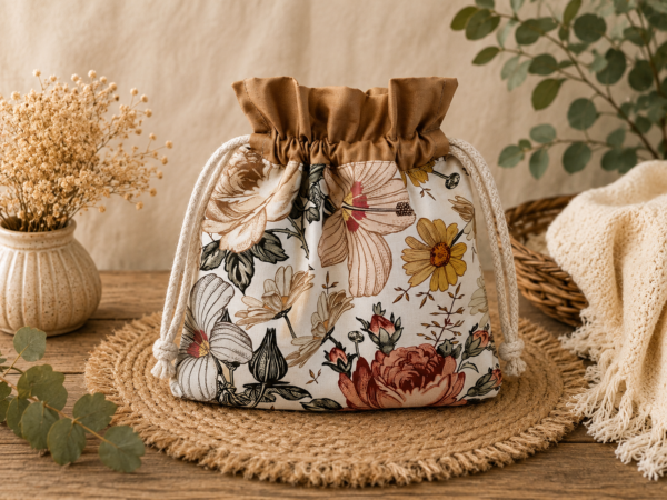 Woreczek bawełniany dwustronny 24x23 cm, beżowy z botanicznym wzorem kwiatowym – Handmade by Amia