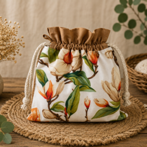Woreczek bawełniany dwustronny 24x23 cm, brązowy z kwiatowym wzorem – Handmade by Amia