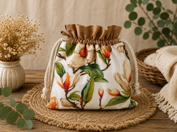 Woreczek bawełniany dwustronny 24x23 cm, brązowy z kwiatowym wzorem – Handmade by Amia