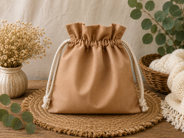 Woreczek bawełniany dwustronny 24x23 cm, brązowy z kwiatowym wzorem – Handmade by Amia