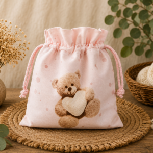 Woreczek bawełniany dwustronny 24x23 cm, jasny ciepły róż z misiem – Handmade by Amia