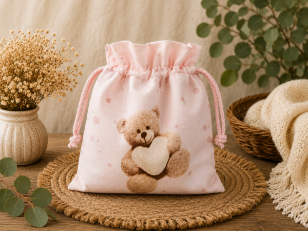 Woreczek bawełniany dwustronny 24x23 cm, jasny ciepły róż z misiem – Handmade by Amia
