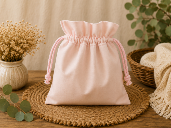 Woreczek bawełniany dwustronny 24x23 cm, jasny ciepły róż z misiem – Handmade by Amia