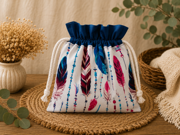 Woreczek bawełniany dwustronny 24x23 cm, niebieski z kolorowym wzorem piór – Handmade by Amia