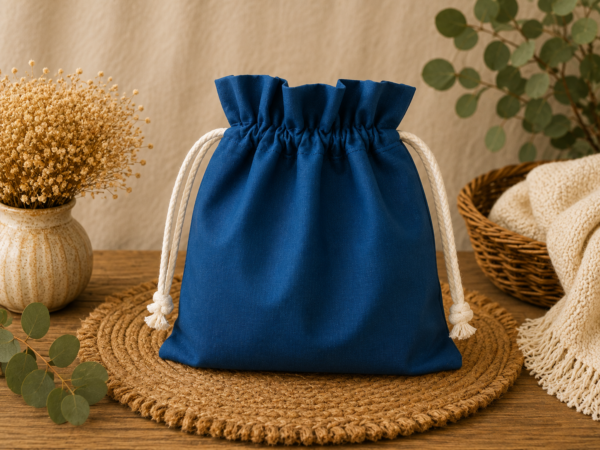 Woreczek bawełniany dwustronny 24x23 cm, niebieski z kolorowym wzorem piór – Handmade by Amia