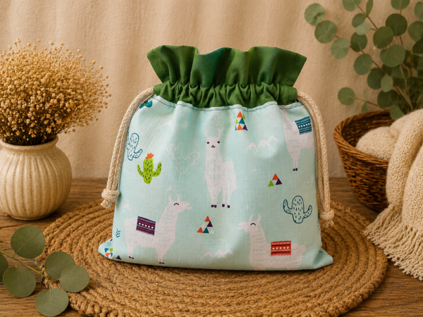 Woreczek bawełniany dwustronny 24x23 cm, zielony z lamami – Handmade by Amia