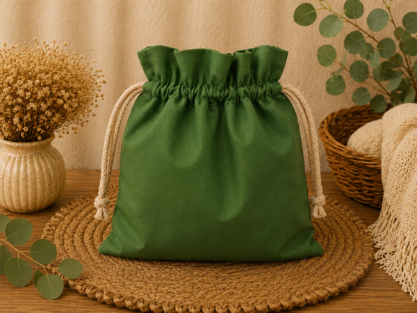 Woreczek bawełniany dwustronny 24x23 cm, zielony z lamami – Handmade by Amia