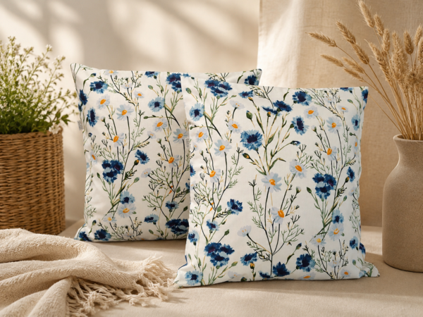 Poszewki 40x40 Chabry i Rumianki – 2 szt. | 100% bawełna | Styl rustykalny