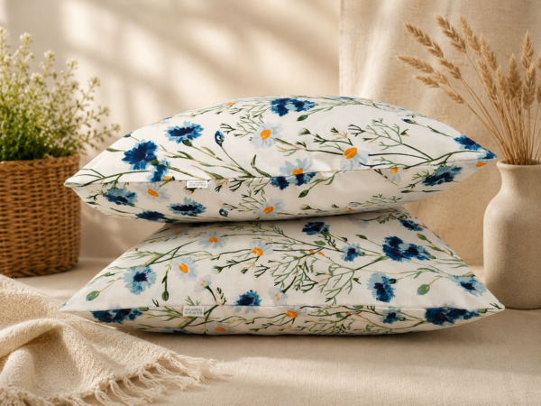 Poszewki 40x40 Chabry i Rumianki – 2 szt. | 100% bawełna | Styl rustykalny